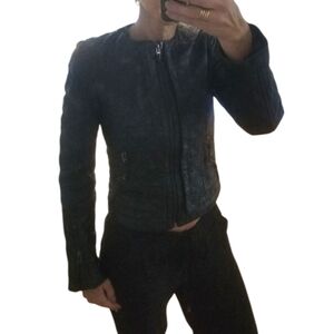 Zara 100% Lambskin Leather Quilted Tailored Collarless Black Biker Moto Jacket